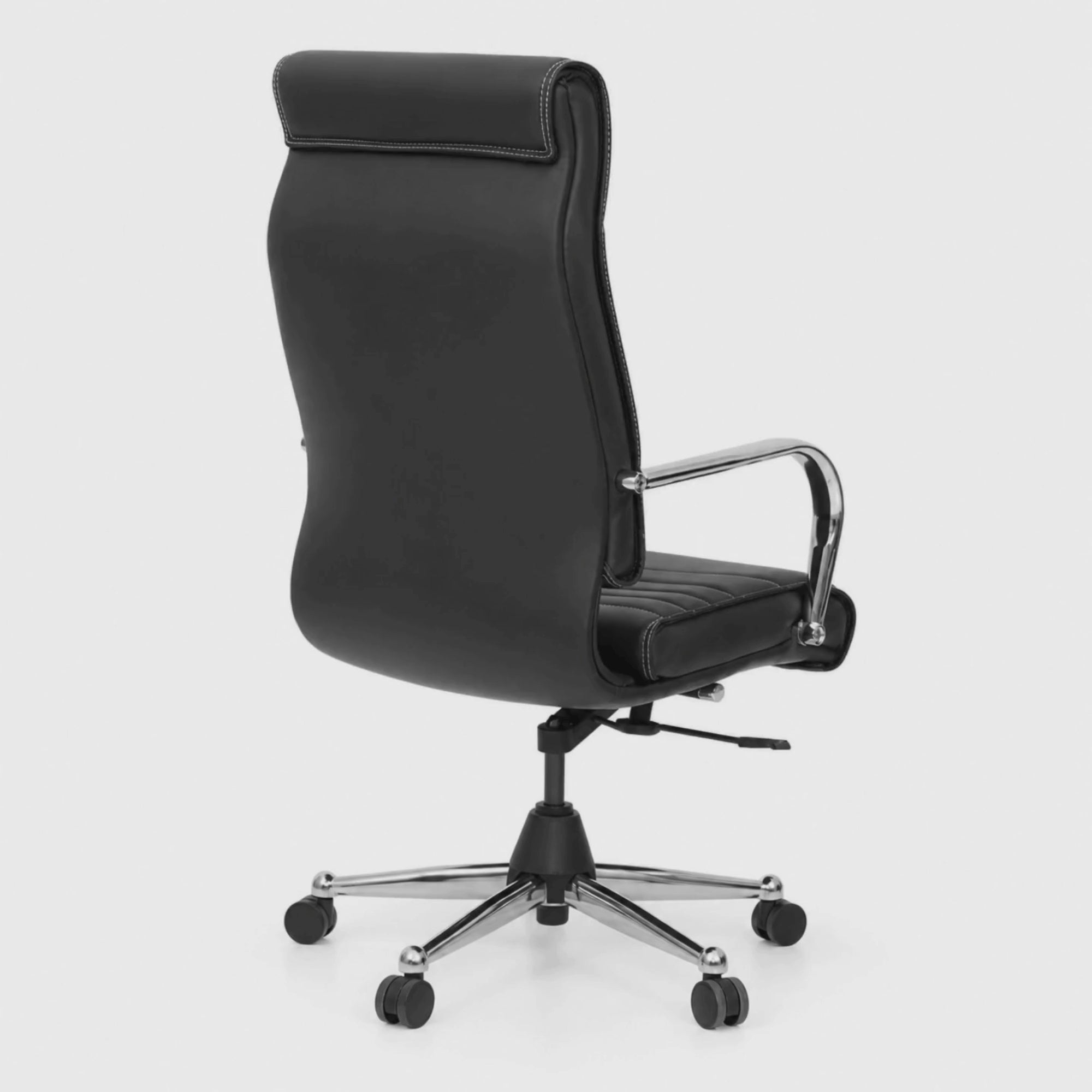 Load video: Executive High Back Leatherette Office Chair with Cushioned Seat, Ergonomic Back Support, Tilt Mechanism, Adjustable Height &amp; Chrome Base for Office