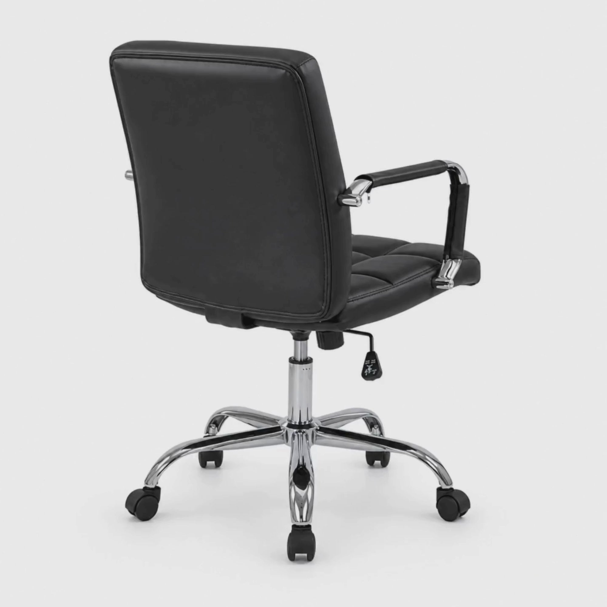 Load video: Executive Mid Back Office Chair with Grid Stitch Cushion, PU Upholstery, Chrome Arm Support &amp; Metal Base, Adjustable Swivel for Office and Home Use
