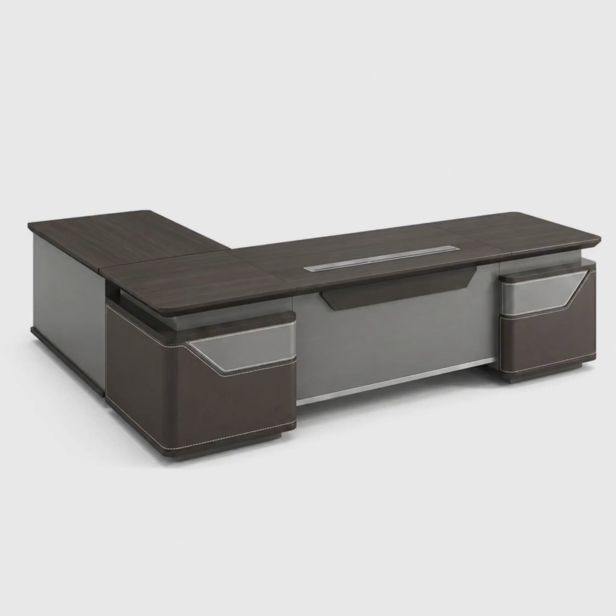 Load video: Luxury Modern Executive Director Table with Integrated Storage, Premium Wood Finish, Sleek Panel Design &amp; Spacious Work Surface for Corporate Offices