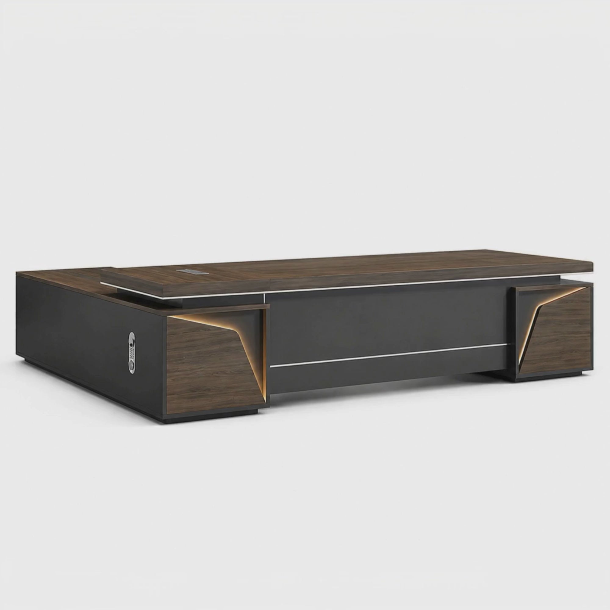 Load video: Director &amp; Executive L-Shape Office Table Luxury Desk Made in Particle Board with Side Unit Drawer and Storage Wire Manager- Brown