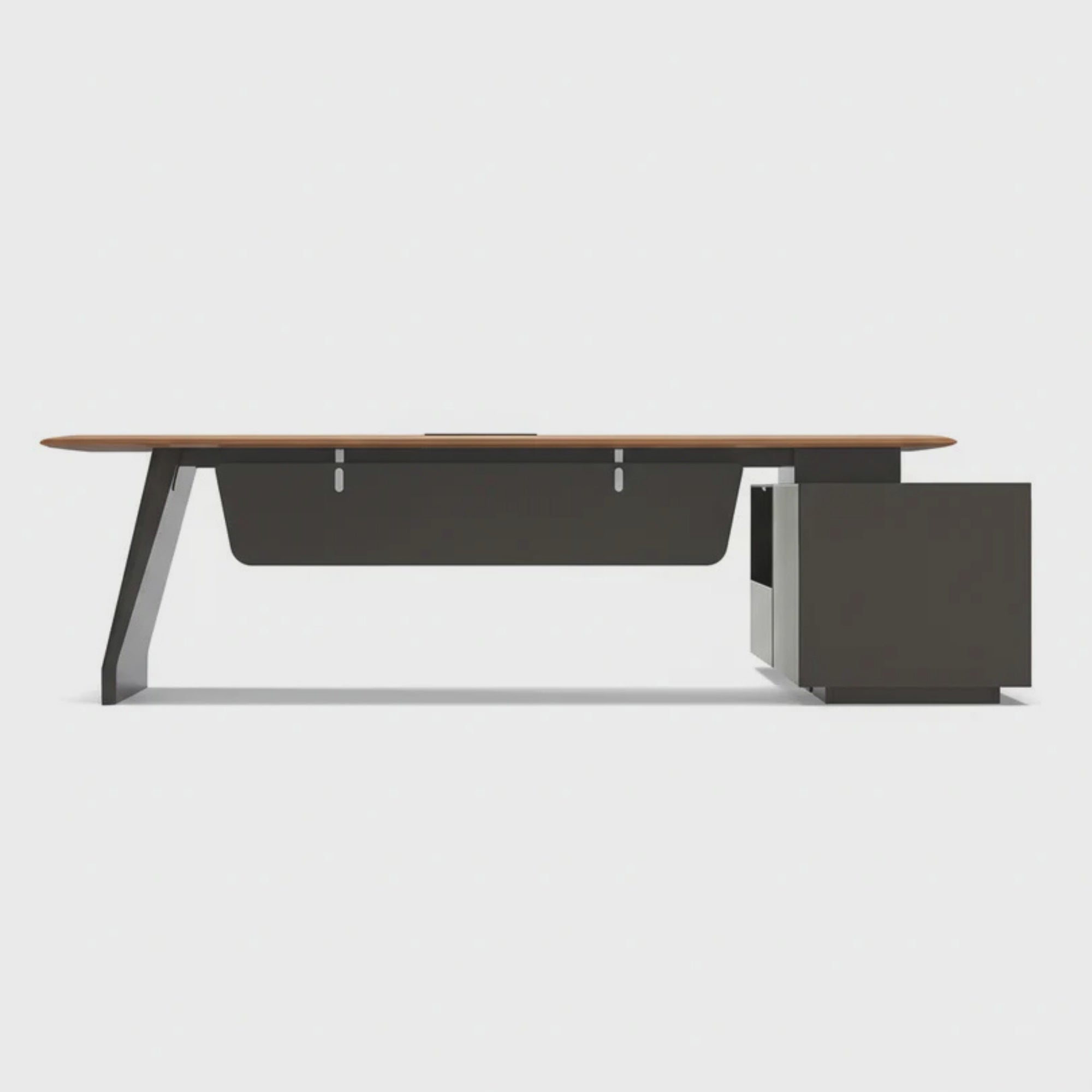 Load video: Luxury Modern L-Shape Director Table for Executive Office with Premium Wooden Top with Integrated Side Storage Unit &amp; Contemporary Design