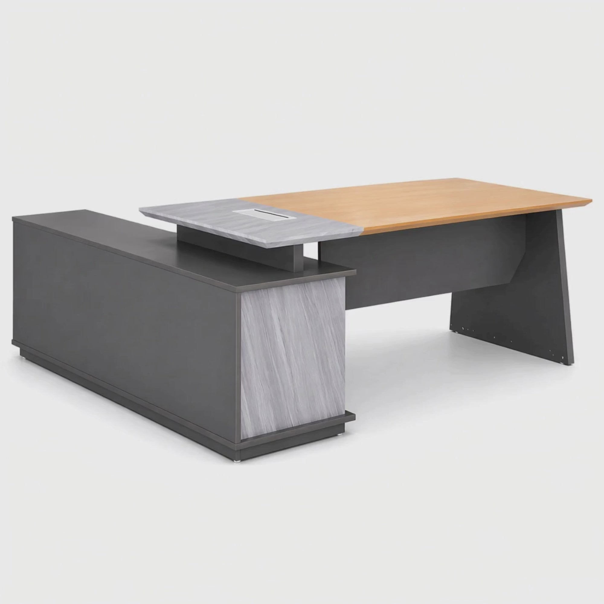 Load video: Director L-Shape Table Luxury Modern Office Desk with Made in MDF and  Drawers, Shelves, and CPU Storage Space