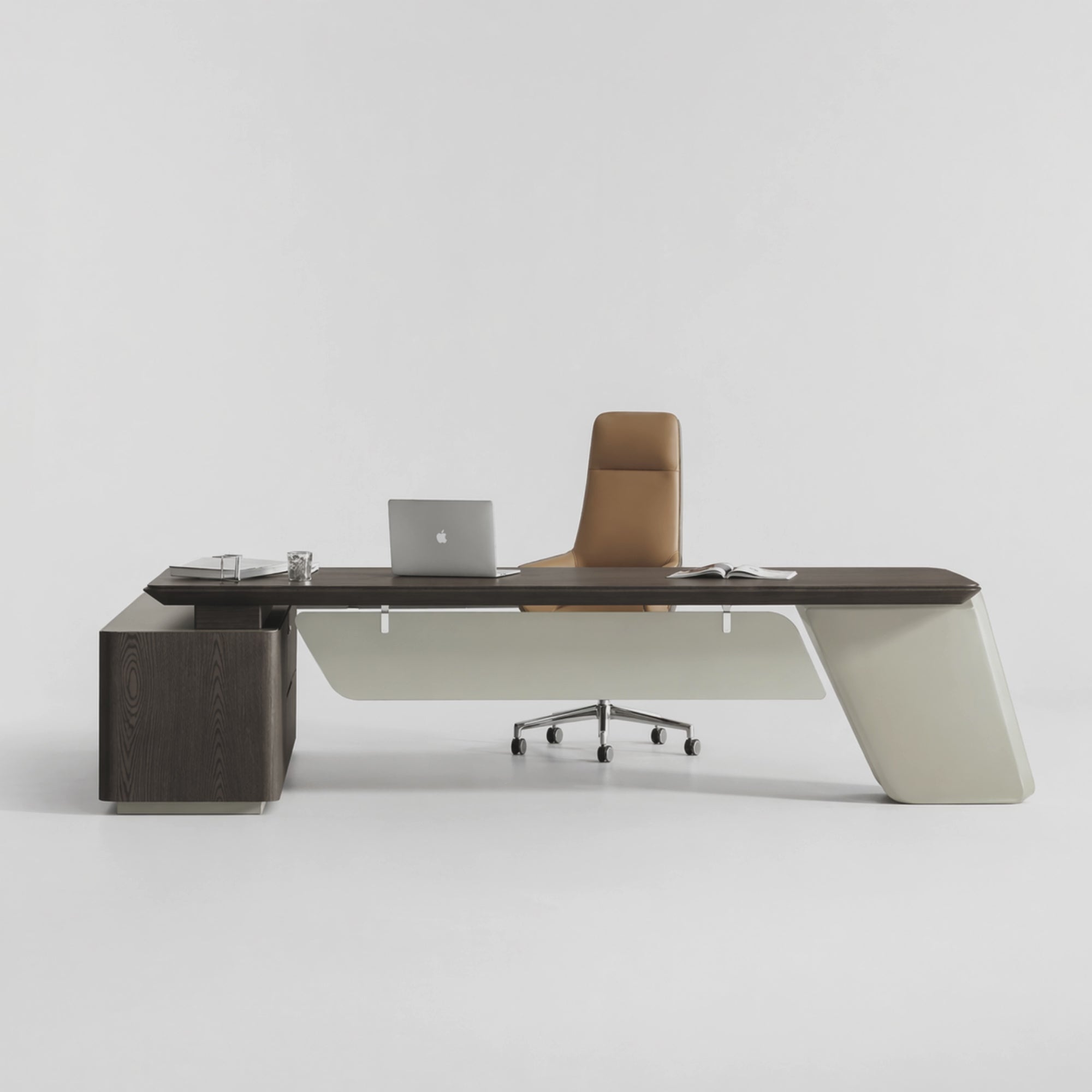 Load video: Modern L Shape Director Table for Office with Luxury Executive Desk and Side Storage, Premium Wood Veneer Top &amp; Minimal Design