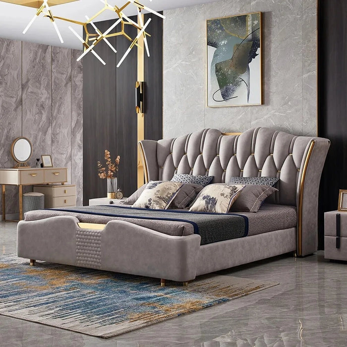Luxury Wingback in Light Gray Fabric – Solid Wood & Plywood Frame, Gilded Stainless Steel Accents, Foam-Padded Headboard, Queen/King Sizes