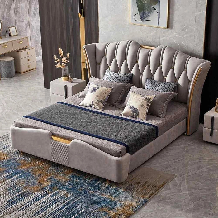 Luxury Wingback in Light Gray Fabric – Solid Wood & Plywood Frame, Gilded Stainless Steel Accents, Foam-Padded Headboard, Queen/King Sizes
