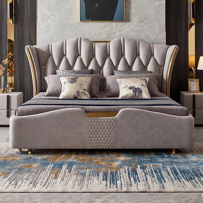 Luxury Wingback in Light Gray Fabric – Solid Wood & Plywood Frame, Gilded Stainless Steel Accents, Foam-Padded Headboard, Queen/King Sizes