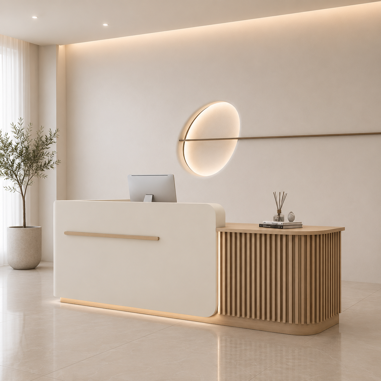 Luxury Curved Reception Desk with Fluted Side Panel and Extended Counter for Office Lobby, Salon, Spa, Clinic, Hotel Reception and Commercial Spaces