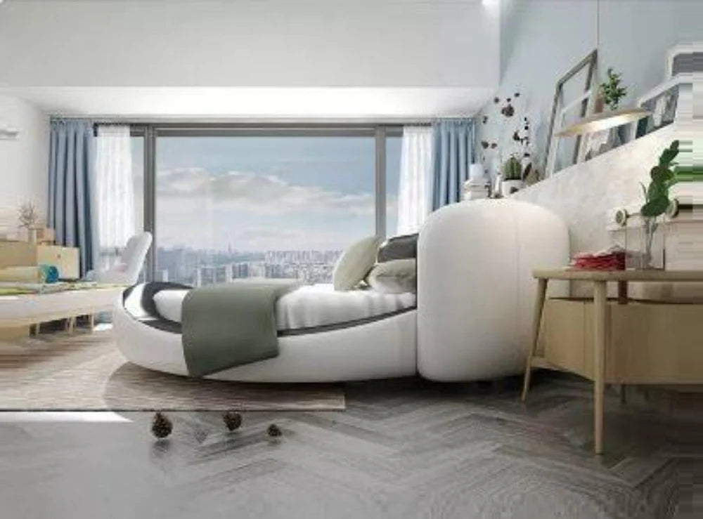 Luxury Round Bed in Premium Velvet &amp; Leatherette Upholstery with Ergonomic Curved Headboard, Heavy-Duty Hydraulic Storage