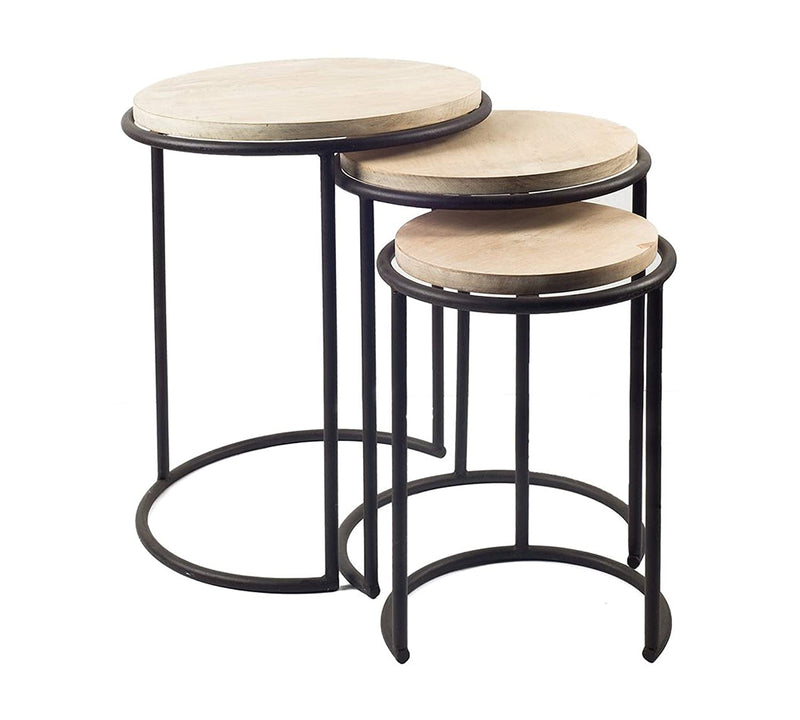 Round Side Table with Wooden Top and Metal Legs