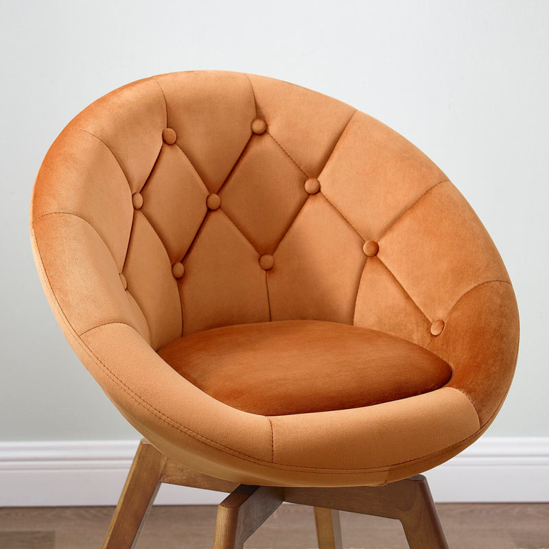 Modern Velvet Tufted Round Back Upholstered Swivel Accent Chair Grey with Teak Legs