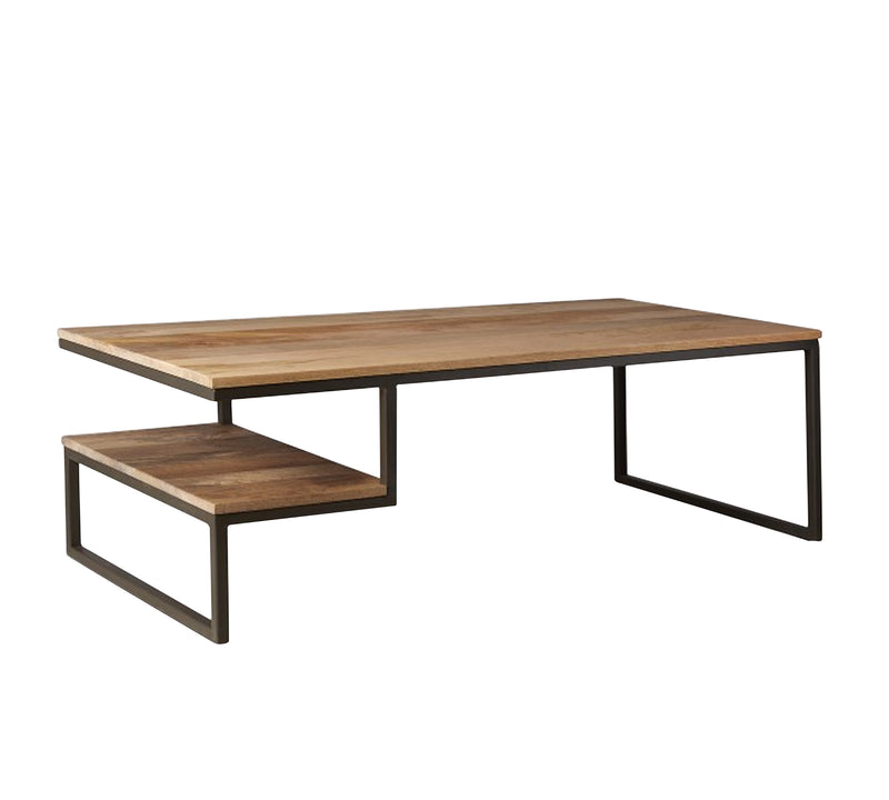 Wooden Center Table with Side Shelf and Metal Frame Base