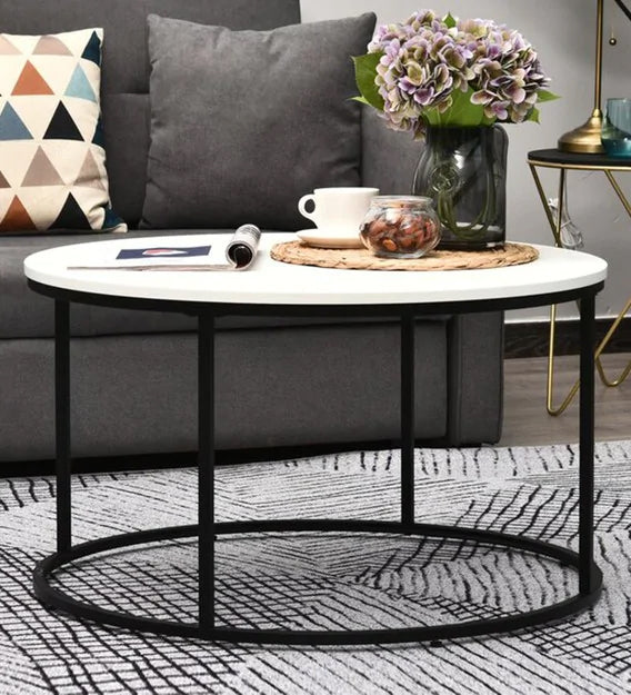 The Metal Frame Base Round Laminated Board Coffee Center Table - White