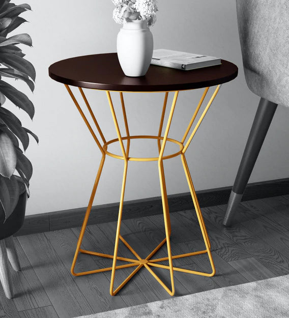 Round Side Table with Wooden Top and Metal Frame