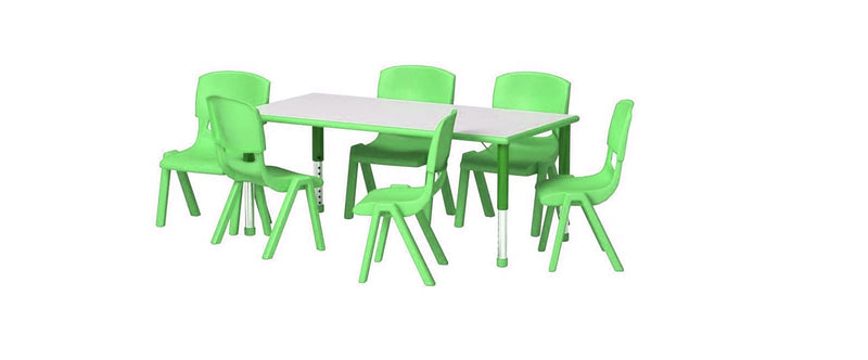 The Wooden Top 1 Table with 6 Colourful Kids Chair