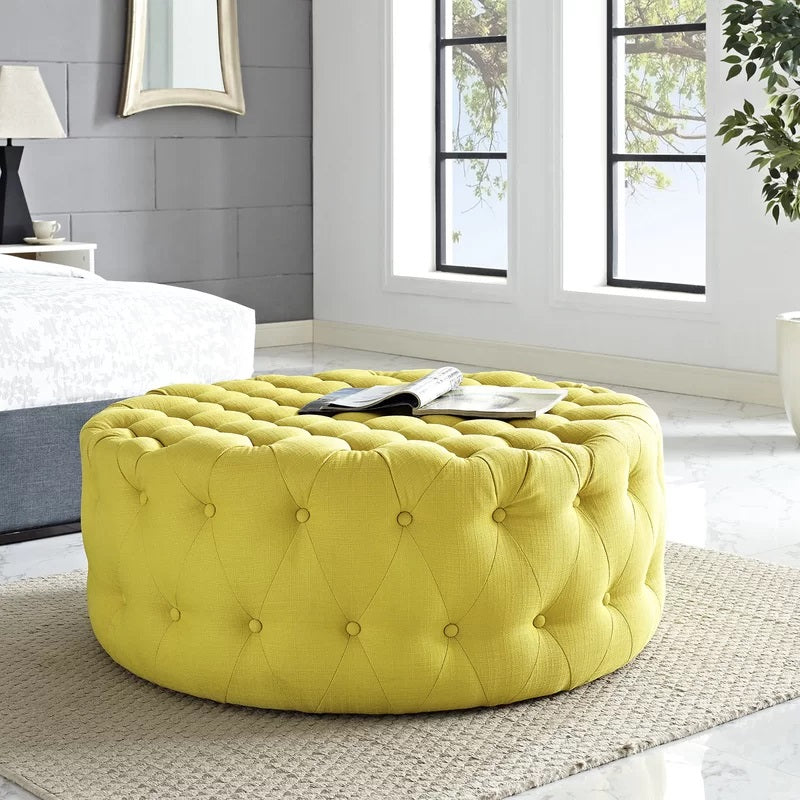 Ottoman with Wooden Base Fully Cushioned Cotton Fabric
