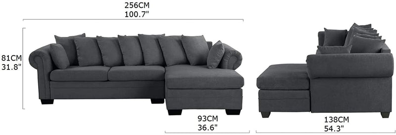 Three Seater Sofa and Chaise With Solid Wooden Frame Fabric