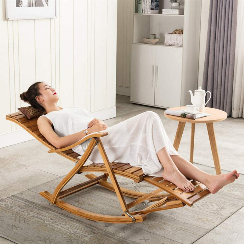 The Portable Folding, Adjustable Recliner Bamboo Rocking Chair with Removable Cotton Pads and Foot Massager