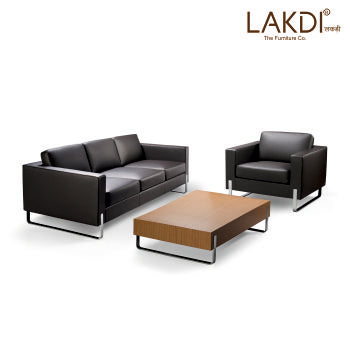 3 Seater Leatherette Sofa with Wooden Veneer Table Combo Set