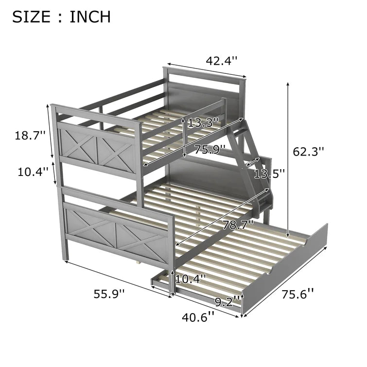 Twin over Full Bunk Bed with Ladder , Twin Size Trundle For Kids Adult Bedroom