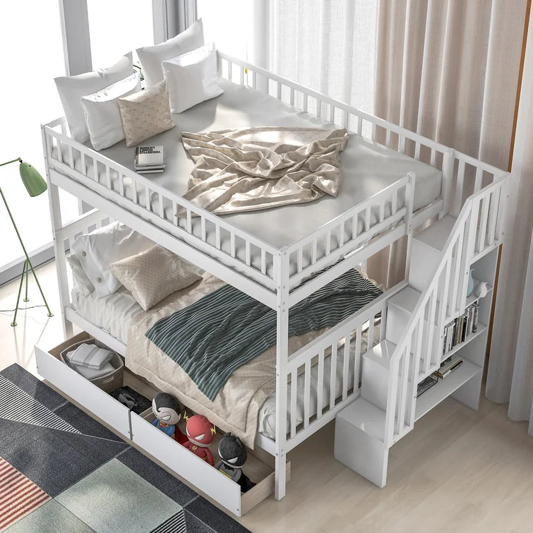 Full over Full Bunk Bed with Storage Shelves and 2 Under Storage Drawers for Kids Room, White
