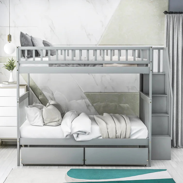 Full over Full Bunk Bed with Storage Shelves and 2 Under Storage Drawers for Kids Room, White
