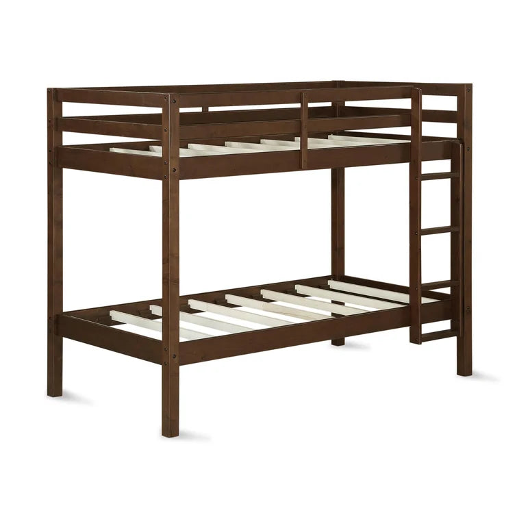 Twin Over Twin Modern Wooden Bunk Bed with Built-In Ladder and Guardrail