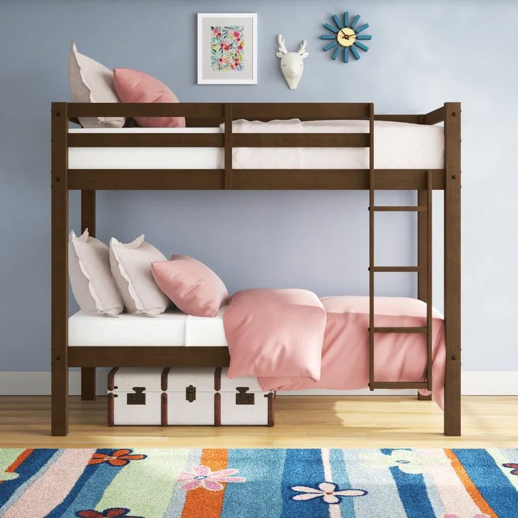 Twin Over Twin Modern Wooden Bunk Bed with Built-In Ladder and Guardrail