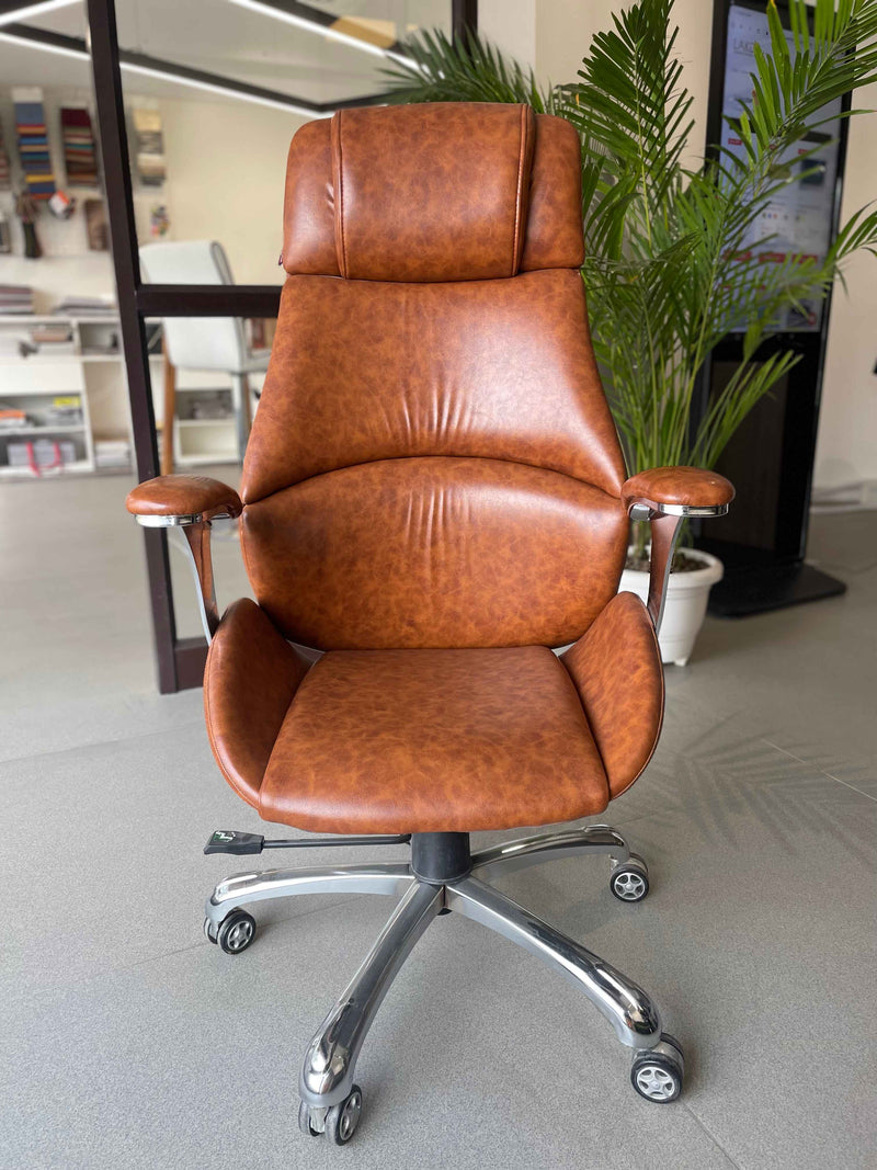 High Back Tan Leatherette Office Director Chair with Chrome Base