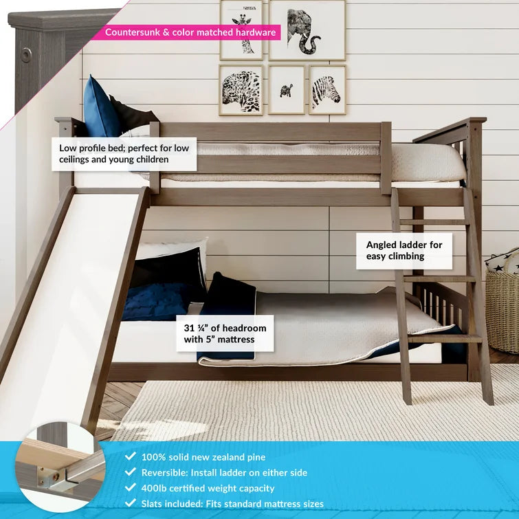Kid's Twin Over Twin-Size Low Bunk Bed with Slide
