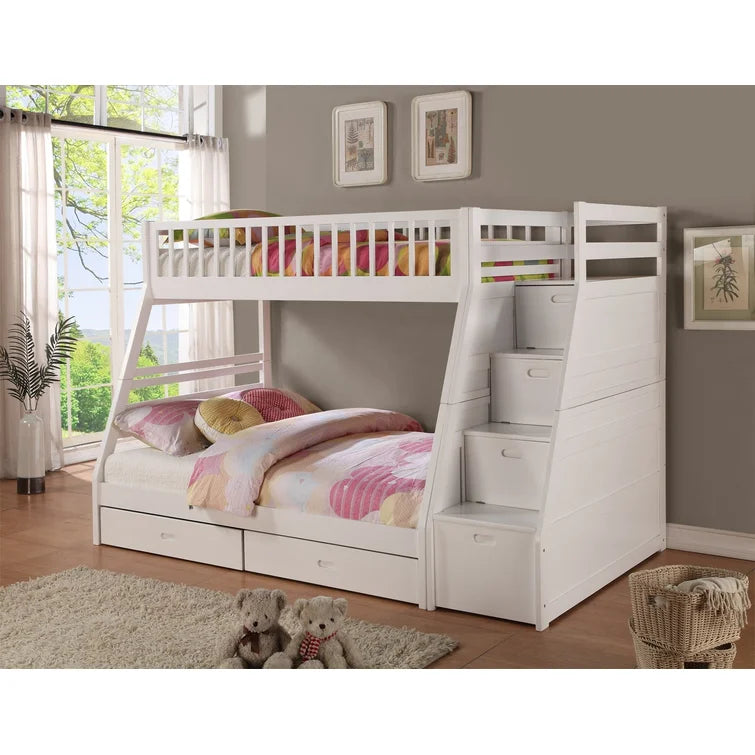 Twin over Twin Staircase Bunk Bed with Twin Size Trundle in White