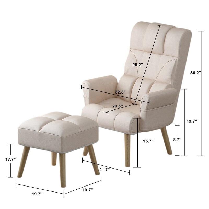 Lounge Chair With Ottoman with Wooden Legs Frame Base in Cushioned Fabric