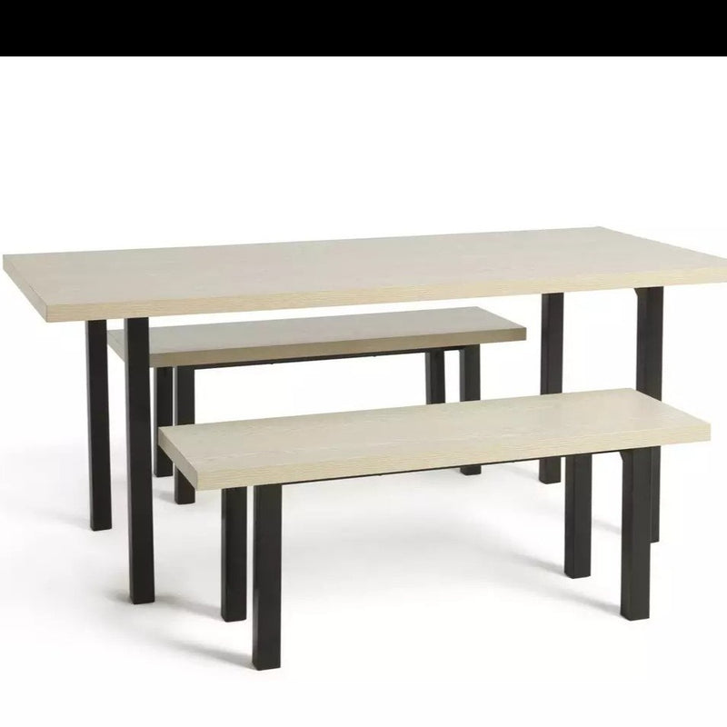 Wooden Top 2 Dining Bench with 1 Dining Table Metal Frame Base