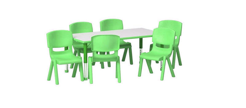 The Wooden Top 1 Table with 6 Colourful Kids Chair